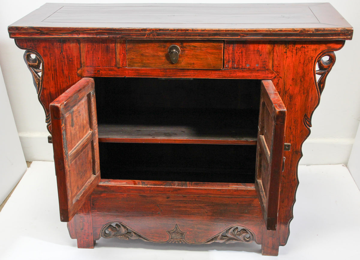 Chinese Ming Style Altar Cabinet, Red Lacquered Elmwood, 1950 — China