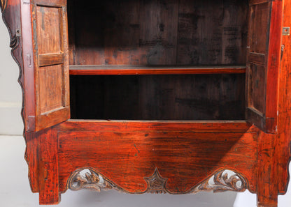Chinese Ming Style Altar Cabinet, Red Lacquered Elmwood, 1950 — China