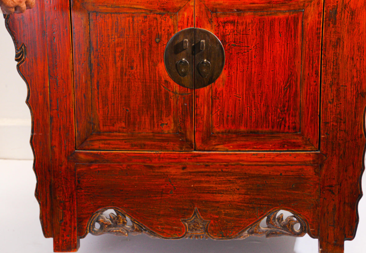 Chinese Ming Style Altar Cabinet, Red Lacquered Elmwood, 1950 — China