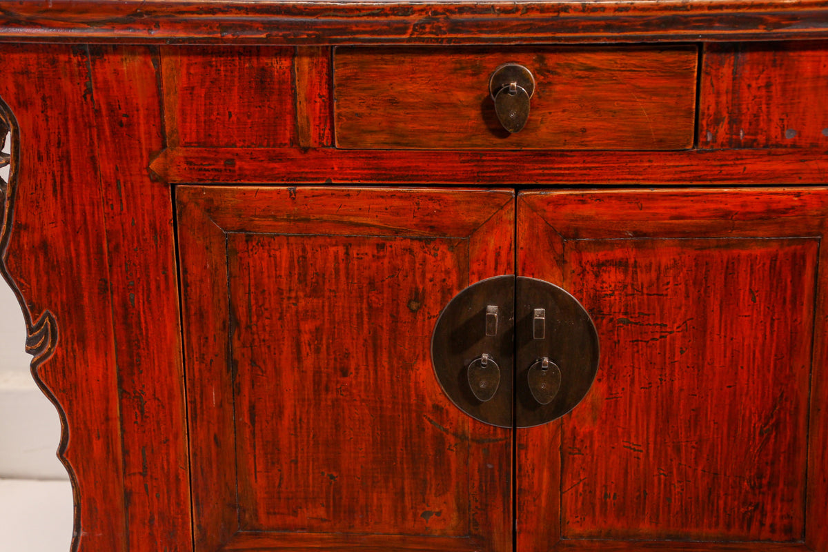 Chinese Ming Style Altar Cabinet, Red Lacquered Elmwood, 1950 — China