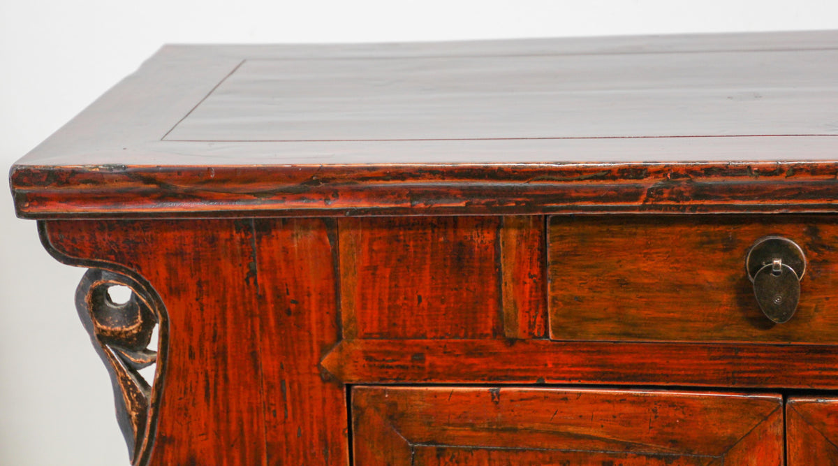 Chinese Ming Style Altar Cabinet, Red Lacquered Elmwood, 1950 — China