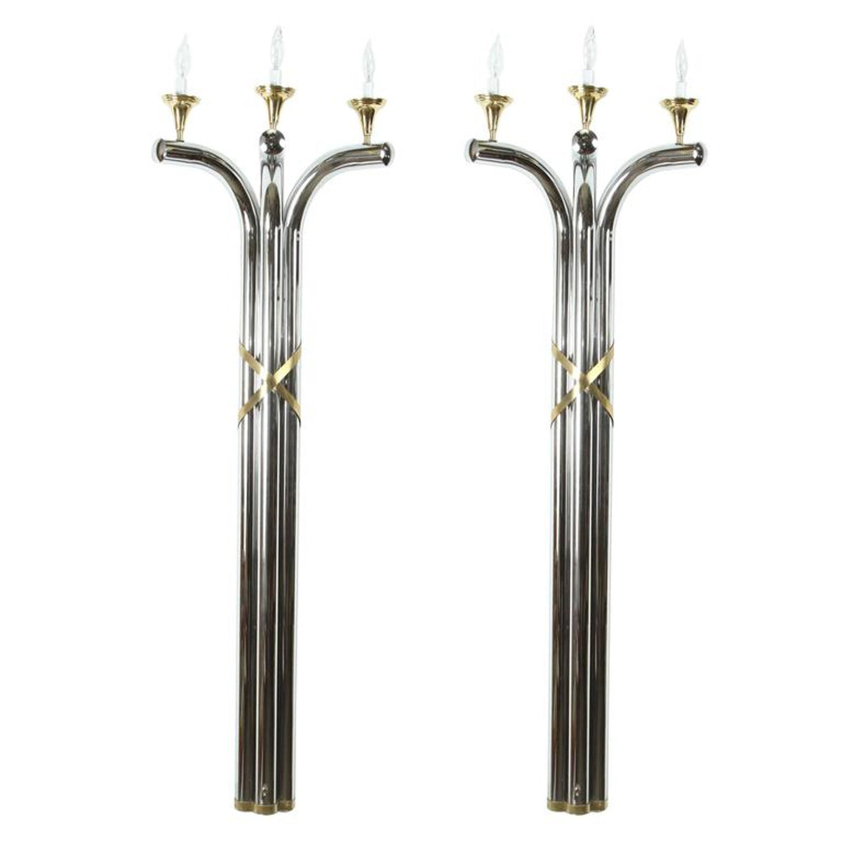 Pair of Monumental 1970s Chrome and Brass Wall Sconces, Jansen Style – view 10