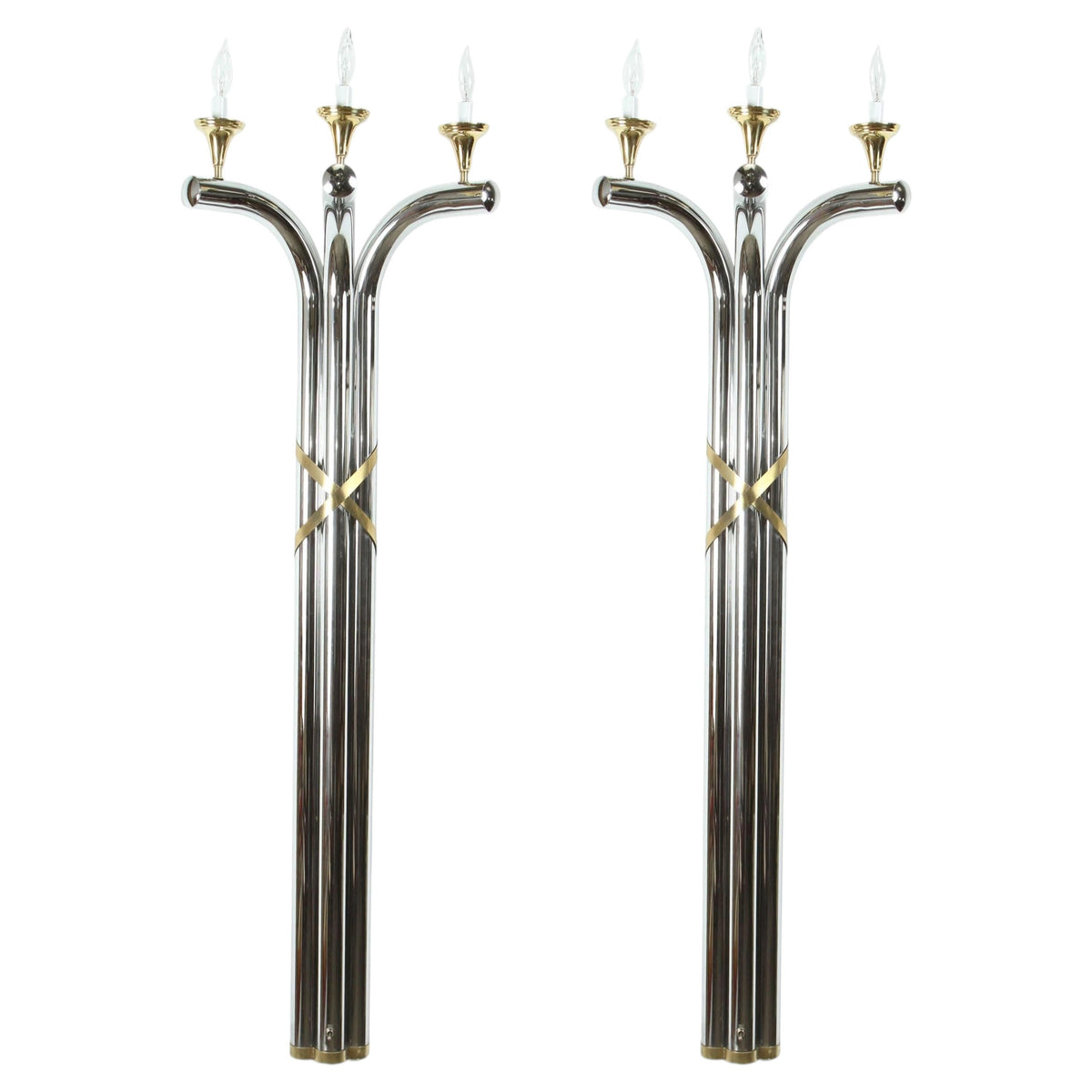 Pair of Monumental 1970s Chrome and Brass Wall Sconces, Jansen Style