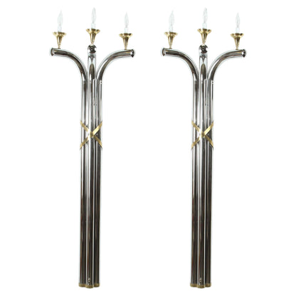 Pair of Monumental 1970s Chrome and Brass Wall Sconces, Jansen Style