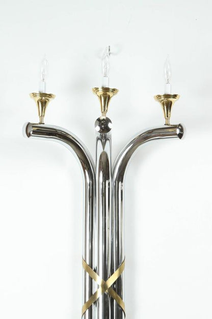 Pair of Monumental 1970s Chrome and Brass Wall Sconces, Jansen Style – view 7