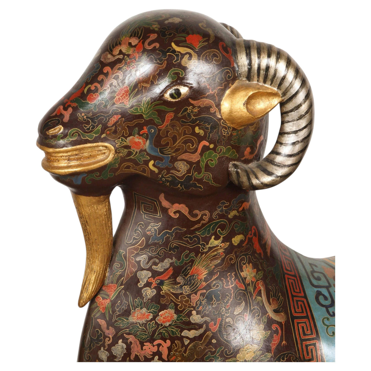 Large Chinese Hand-Painted Wood Ram Sculpture with Zodiac Motifs