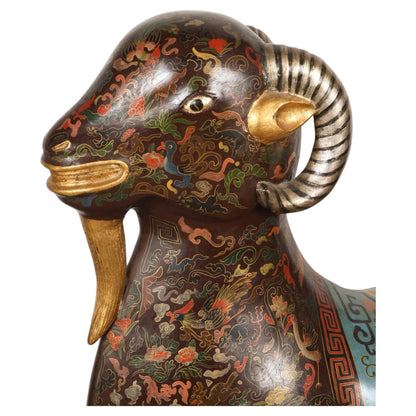 Large Chinese Hand-Painted Wood Ram Sculpture with Zodiac Motifs