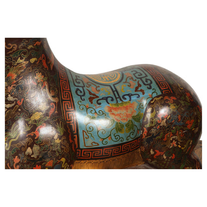Large Chinese Hand-Painted Wood Ram Sculpture with Zodiac Motifs