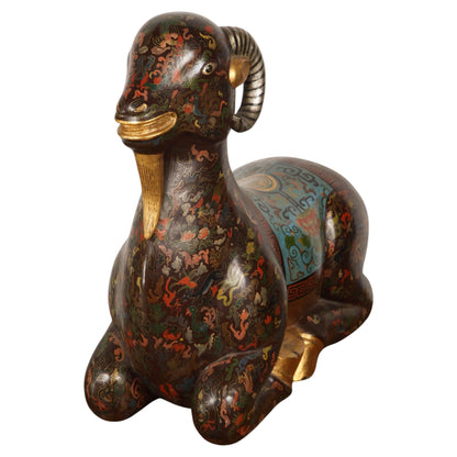 Large Chinese Hand-Painted Wood Ram Sculpture with Zodiac Motifs