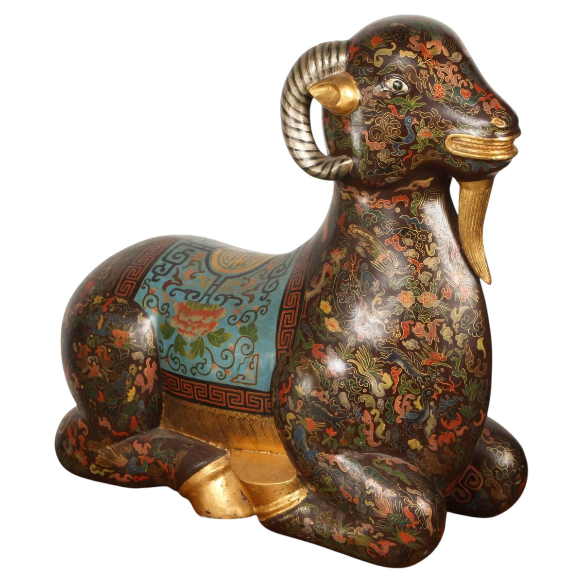 Large Chinese Hand-Painted Wood Ram Sculpture with Zodiac Motifs