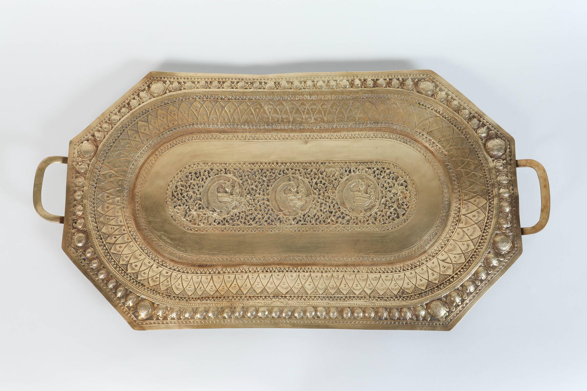 Antique Brass Charger Tray, Octagonal Design, India, 1920 — India