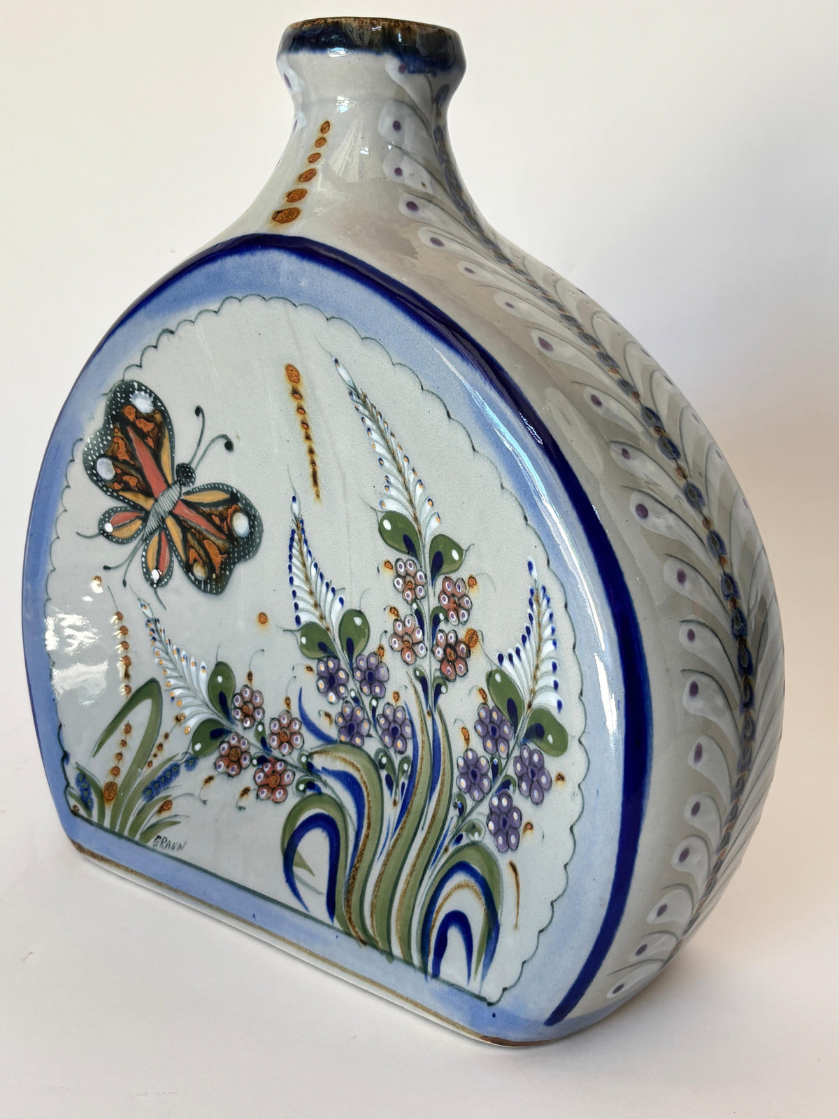 Vintage Erandi Tonalá Pottery Flask Vase, Hand-Painted, Signed, Circa 1970s — additional view 8