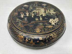 Large Chinese Round Black Lacquered Gilt Painted Covered Box 1950s