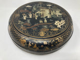 Large Chinese Round Black Lacquered Gilt Painted Covered Box 1950s