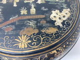 Large Chinese Round Black Lacquered Gilt Painted Covered Box 1950s