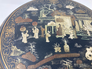 Large Chinese Round Black Lacquered Gilt Painted Covered Box 1950s