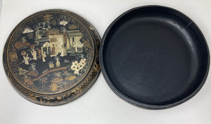 Large Chinese Round Black Lacquered Gilt Painted Covered Box 1950s