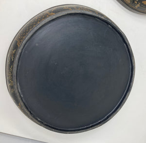 Large Chinese Round Black Lacquered Gilt Painted Covered Box 1950s