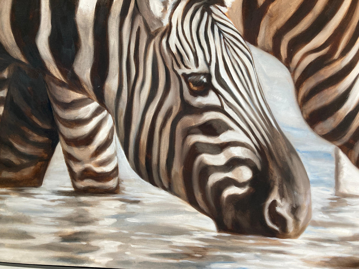 Kindrie Grove African Zebras at an Oasis Large Oil on Canvas Painting, 1999 — detail view 5