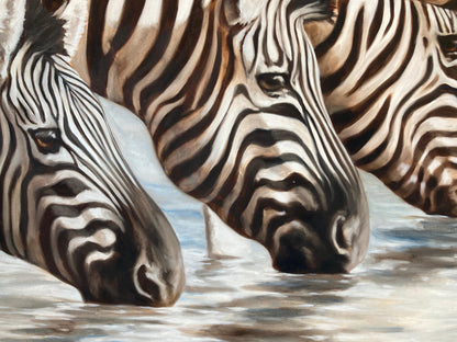Kindrie Grove African Zebras at an Oasis Large Oil on Canvas Painting, 1999 — detail view 6