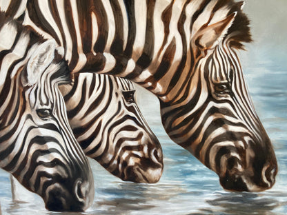 Kindrie Grove African Zebras at an Oasis Large Oil on Canvas Painting, 1999 — detail view 8