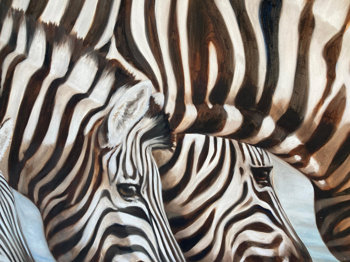 Kindrie Grove African Zebras at an Oasis Large Oil on Canvas Painting, 1999 — detail view 12