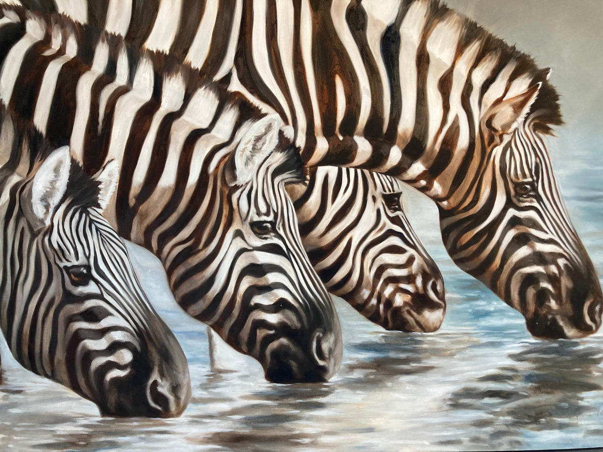 Kindrie Grove African Zebras at an Oasis Large Oil on Canvas Painting, 1999 — detail view 13