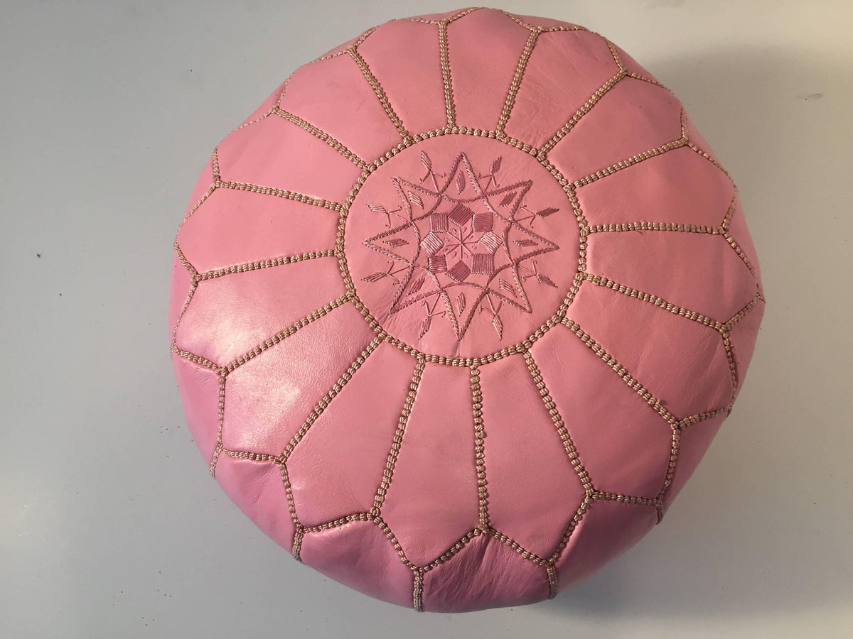 Moroccan Hand Tooled Leather Pouf in Baby Pink Color – view 3