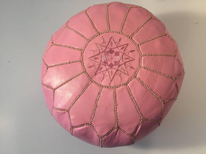 Moroccan Hand Tooled Leather Pouf in Baby Pink Color – view 3