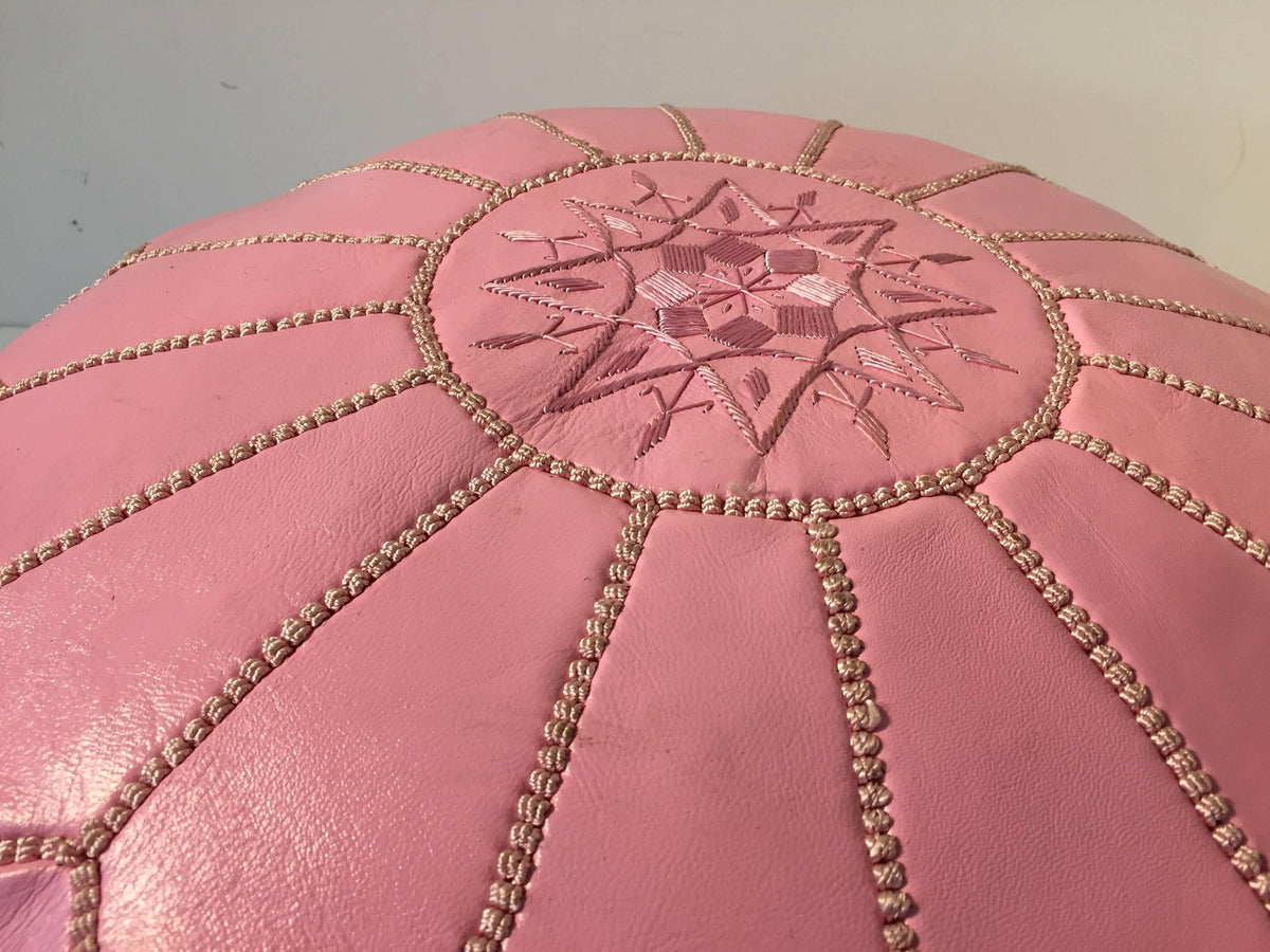 Moroccan Hand Tooled Leather Pouf in Baby Pink Color – view 4