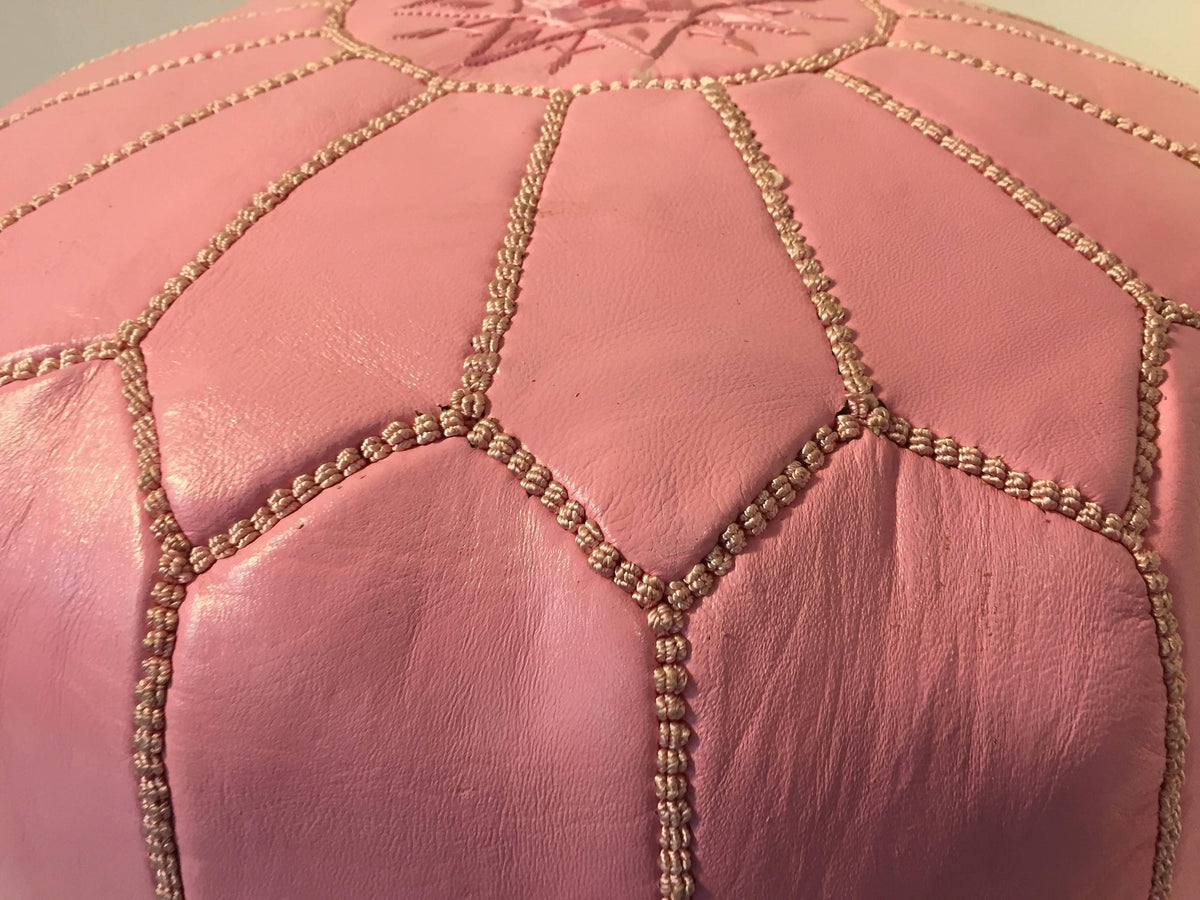 Moroccan Hand Tooled Leather Pouf in Baby Pink Color – view 5