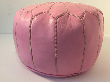 Moroccan Hand Tooled Leather Pouf in Baby Pink Color – view 6