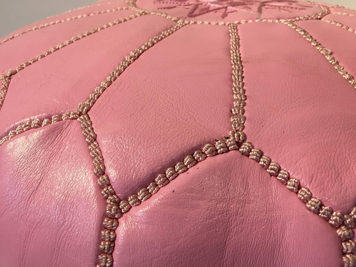 Moroccan Hand Tooled Leather Pouf in Baby Pink Color – view 8