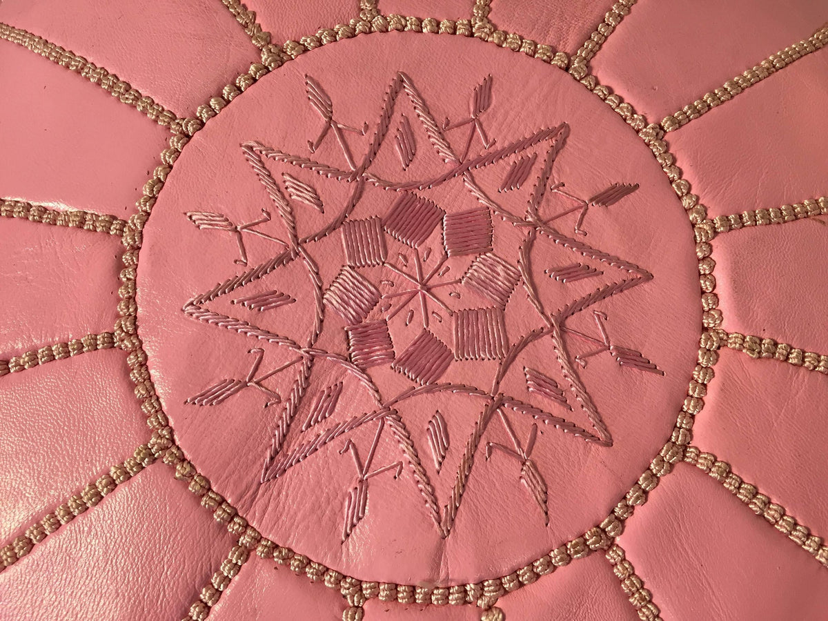 Moroccan Hand Tooled Leather Pouf in Baby Pink Color – view 9