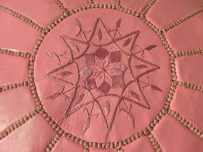 Moroccan Hand Tooled Leather Pouf in Baby Pink Color – view 9