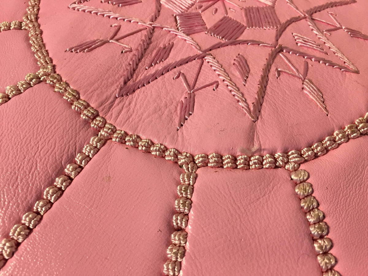Moroccan Hand Tooled Leather Pouf in Baby Pink Color – view 10