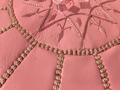 Moroccan Hand Tooled Leather Pouf in Baby Pink Color – view 10