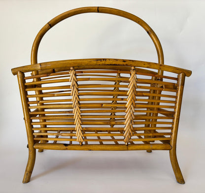 Vintage Bamboo and Rattan Magazine Rack, Hand-Braided Wicker — additional view 3