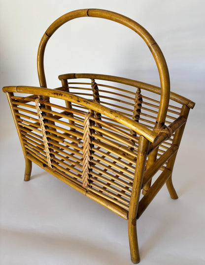 Vintage Bamboo and Rattan Magazine Rack, Hand-Braided Wicker — additional view 9