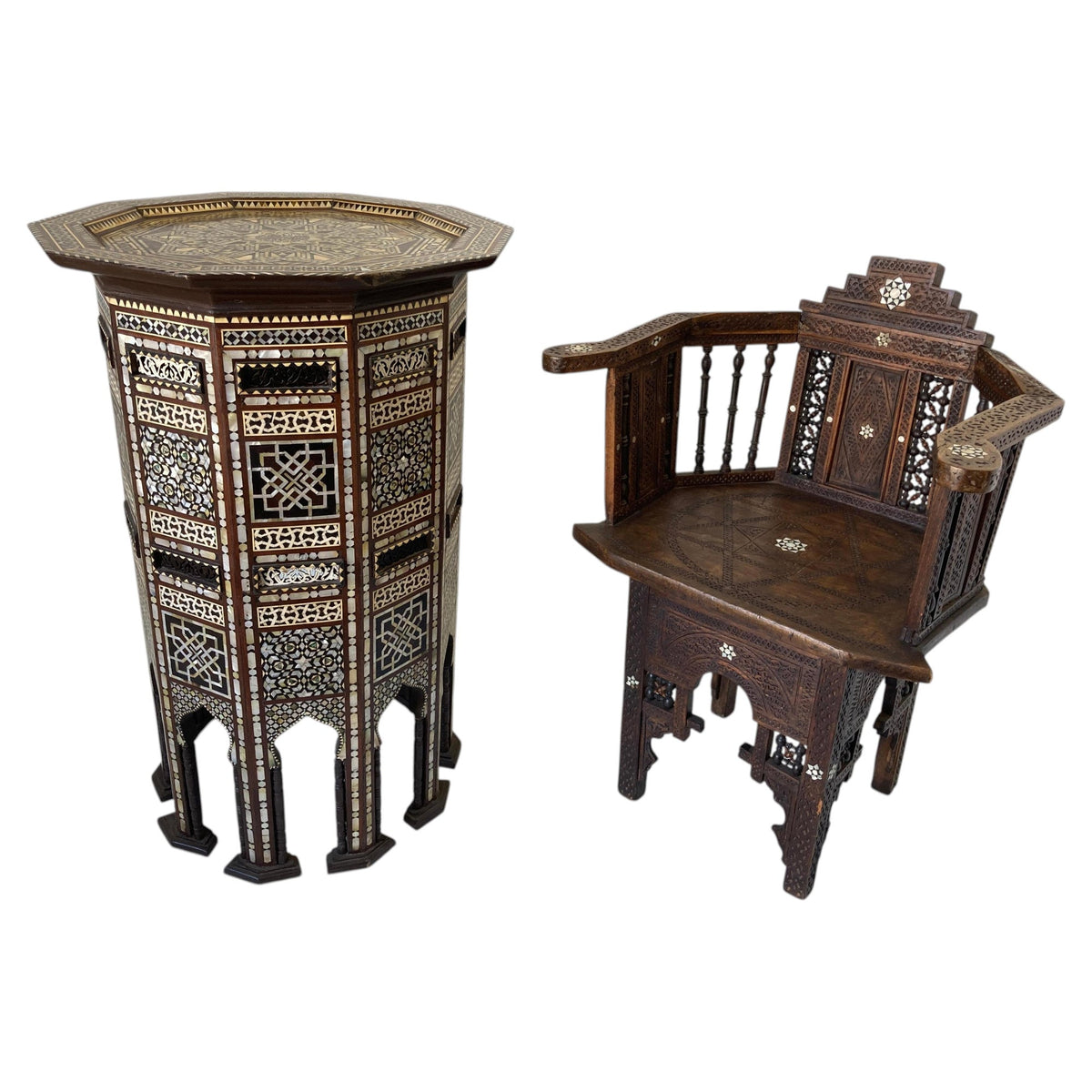 Pair of Antique Ottoman Moorish Abalone Mother-of-Pearl Inlaid Pedestal Tables – view 18