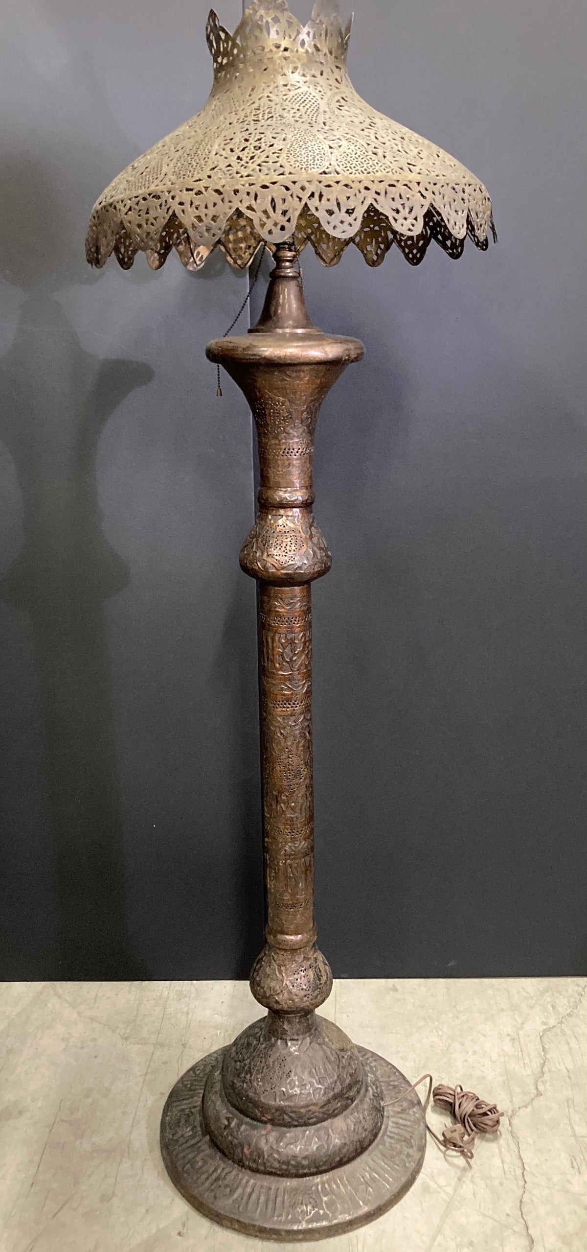 Antique Middle Eastern Handcrafted Moorish Islamic Brass Floor Lamp 19th Century — detail view 2