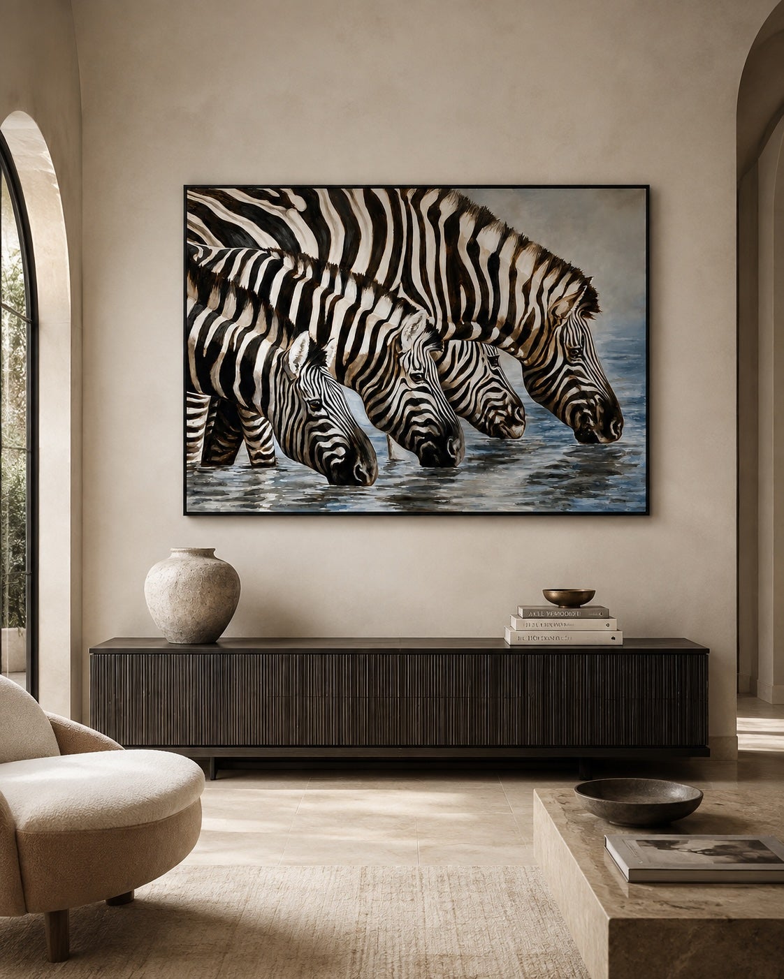 Kindrie Grove African Zebras at an Oasis Large Oil on Canvas Painting, 1999 — detail view 3