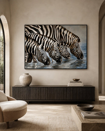 Kindrie Grove African Zebras at an Oasis Large Oil on Canvas Painting, 1999 — detail view 3