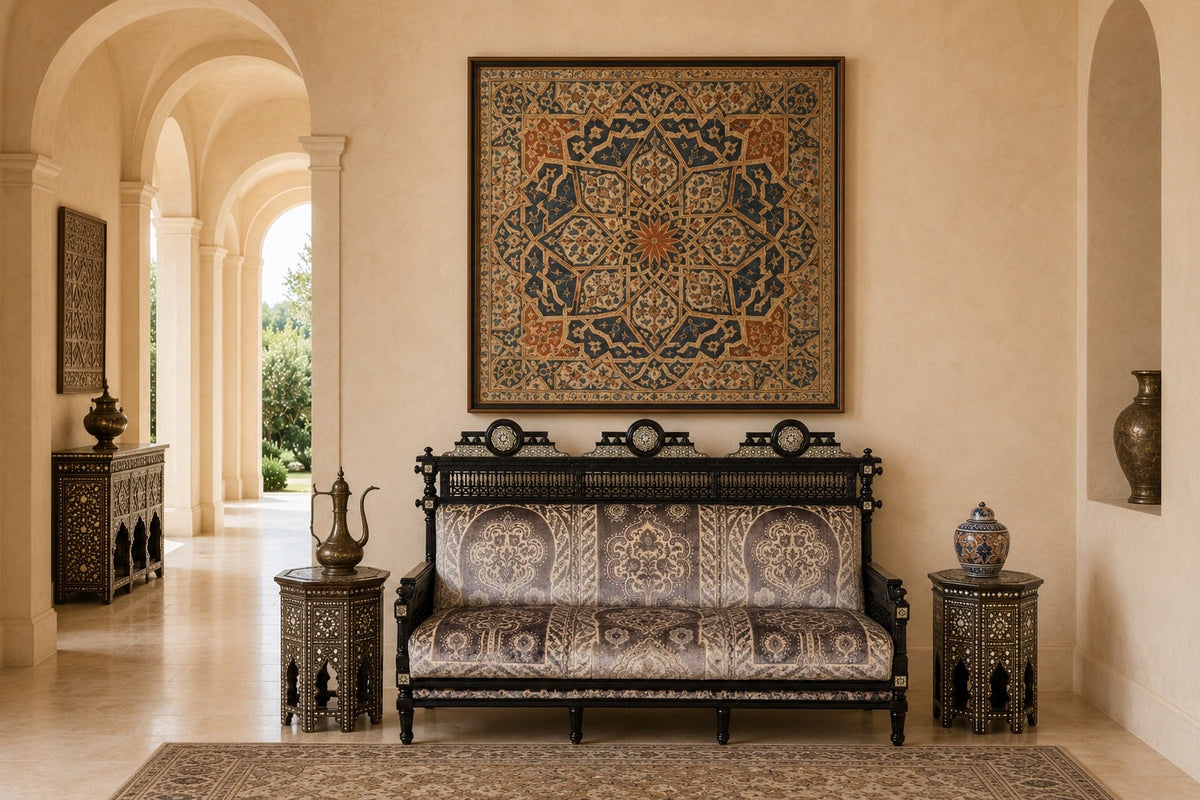 Late 19th-Century Egyptian Moorish Walnut Mashrabiya Settee — detail view 3
