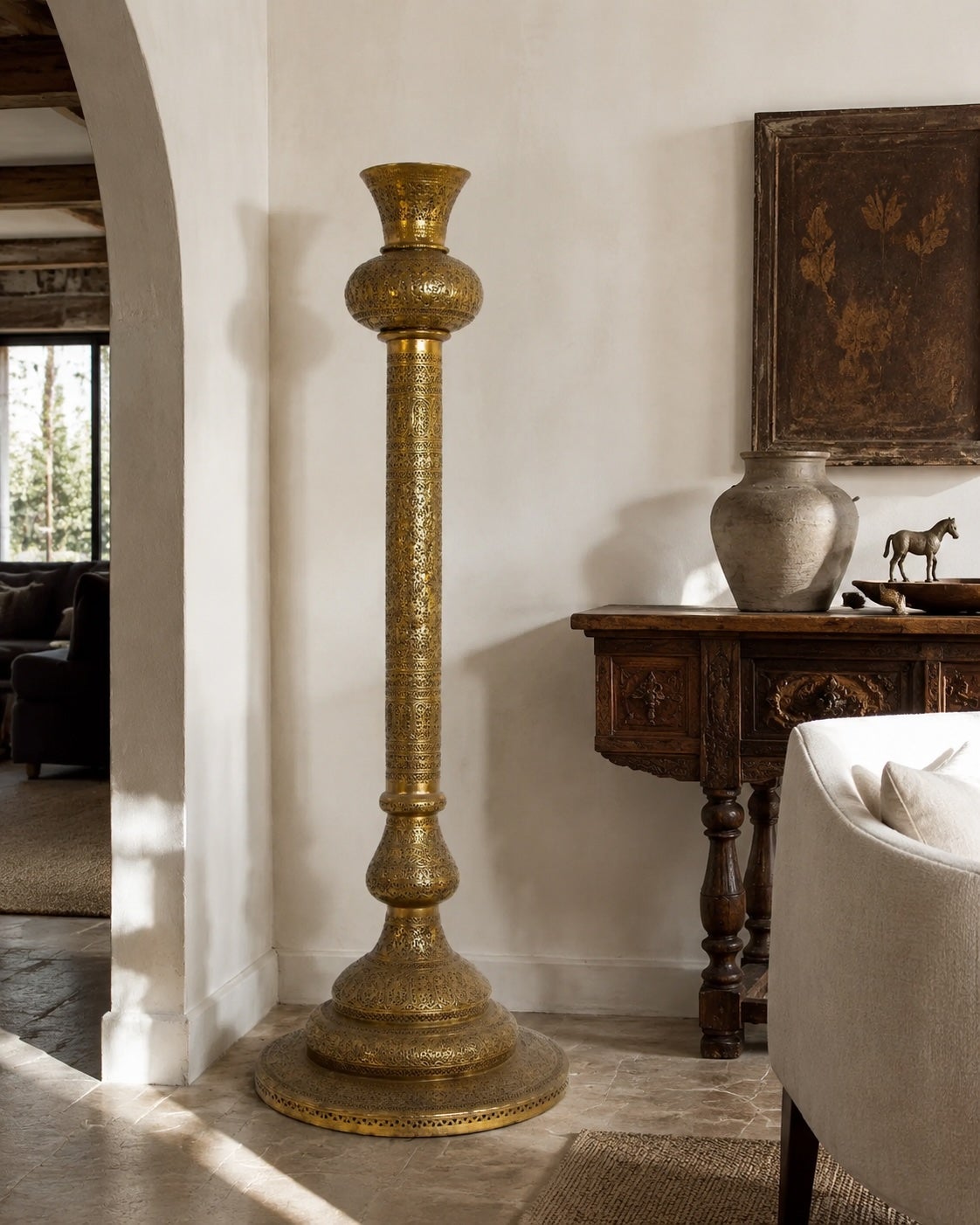 Antique Egyptian Mamluk Revival Pierced Brass Floor Candleholder