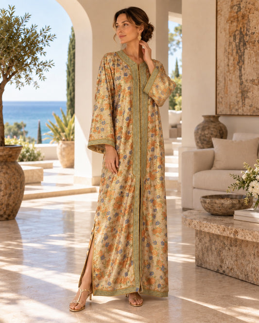 A woman stands on a sunlit outdoor patio wearing a long, loose maxi dress with a beige base and a multicolor floral print in yellow, orange, and blue, featuring olive green trim. The background shows a modern villa setting with a view of the blue sea.