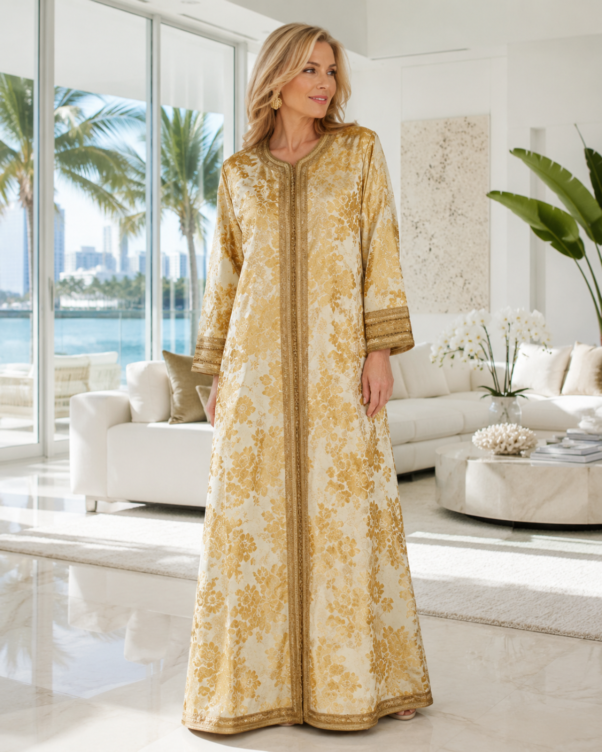 A woman modeling a long, floor-length gold and cream patterned kaftan gown in a bright, modern living room with large windows overlooking water and palm trees.