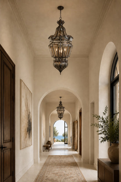 Pair of Large Moroccan Moorish Glass and Filigree Hanging Lanterns