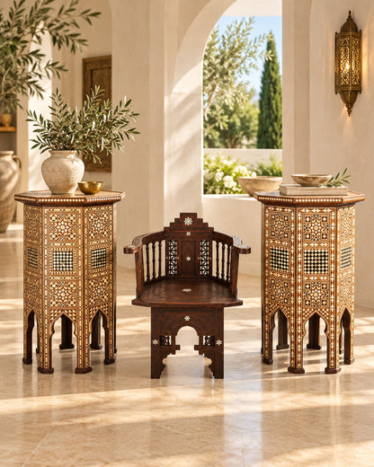Pair of Moroccan Moorish Octagonal Pedestal Tables with Mother-of-Pearl