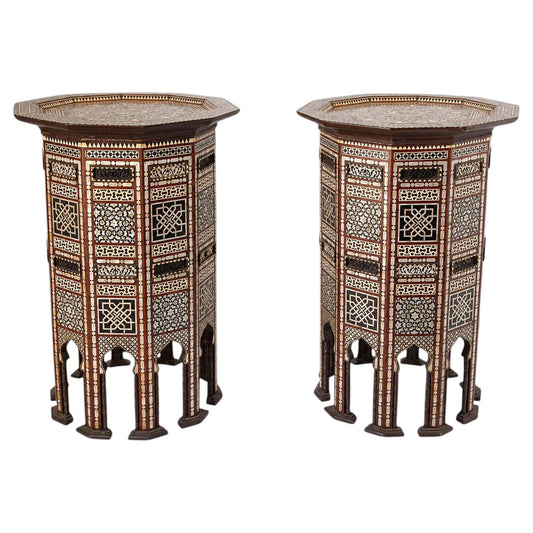 Pair of Antique Ottoman Moorish Abalone Mother-of-Pearl Inlaid Pedestal Tables